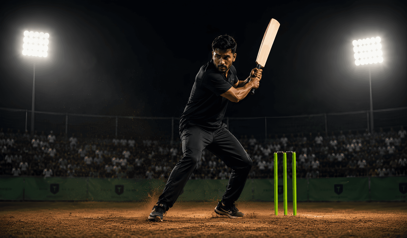Batsman playing a tennis-ball cricket shot under floodlights at night